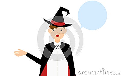 ãƒãƒ­ã‚¦ã‚£ãƒ³ã®ä»®è£…ã€é­”æ³•ä½¿ã„å§¿ã®ç”·ã®å­ãŒå³æ‰‹ã‚’å‡ºã—ã¦è©±ã—ã¦ã„ã‚‹ãƒãƒ¼ã‚ºï¼ˆå¹ãå‡ºã—ã¤ãï¼‰ Stock Photo